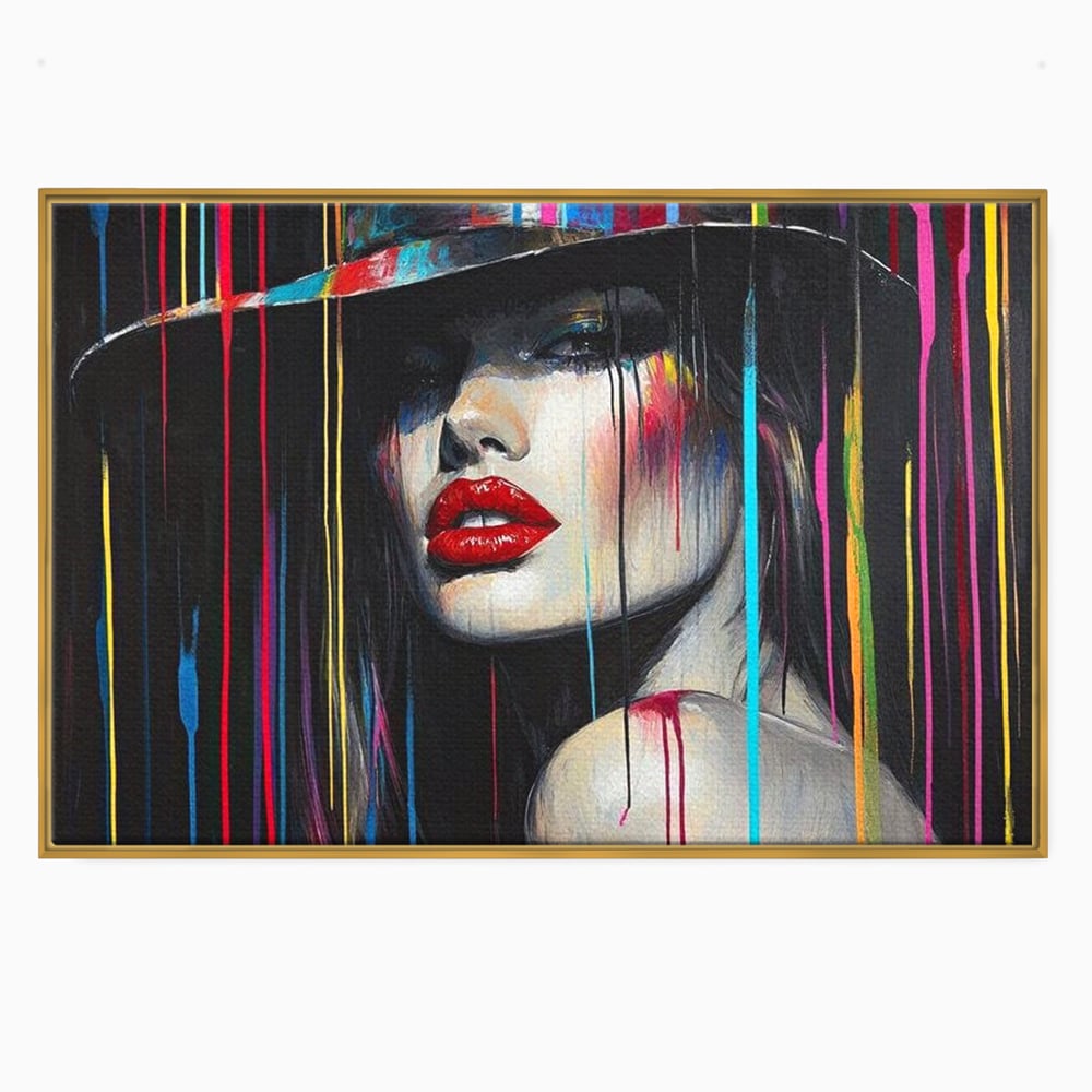 Tablou canvas cu tablou canvas cu portret de femeie si buze rosii, in rama de aluminiu auriu